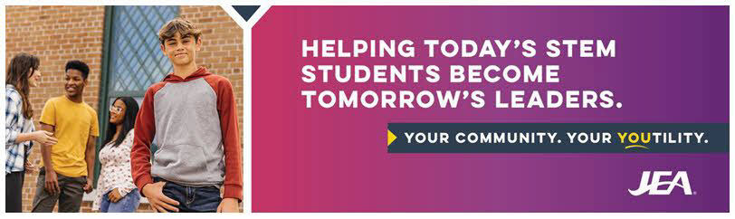 JEA brand ad with a photo of teens and the text: Helping today's STEM students become tomorrow's leaders.