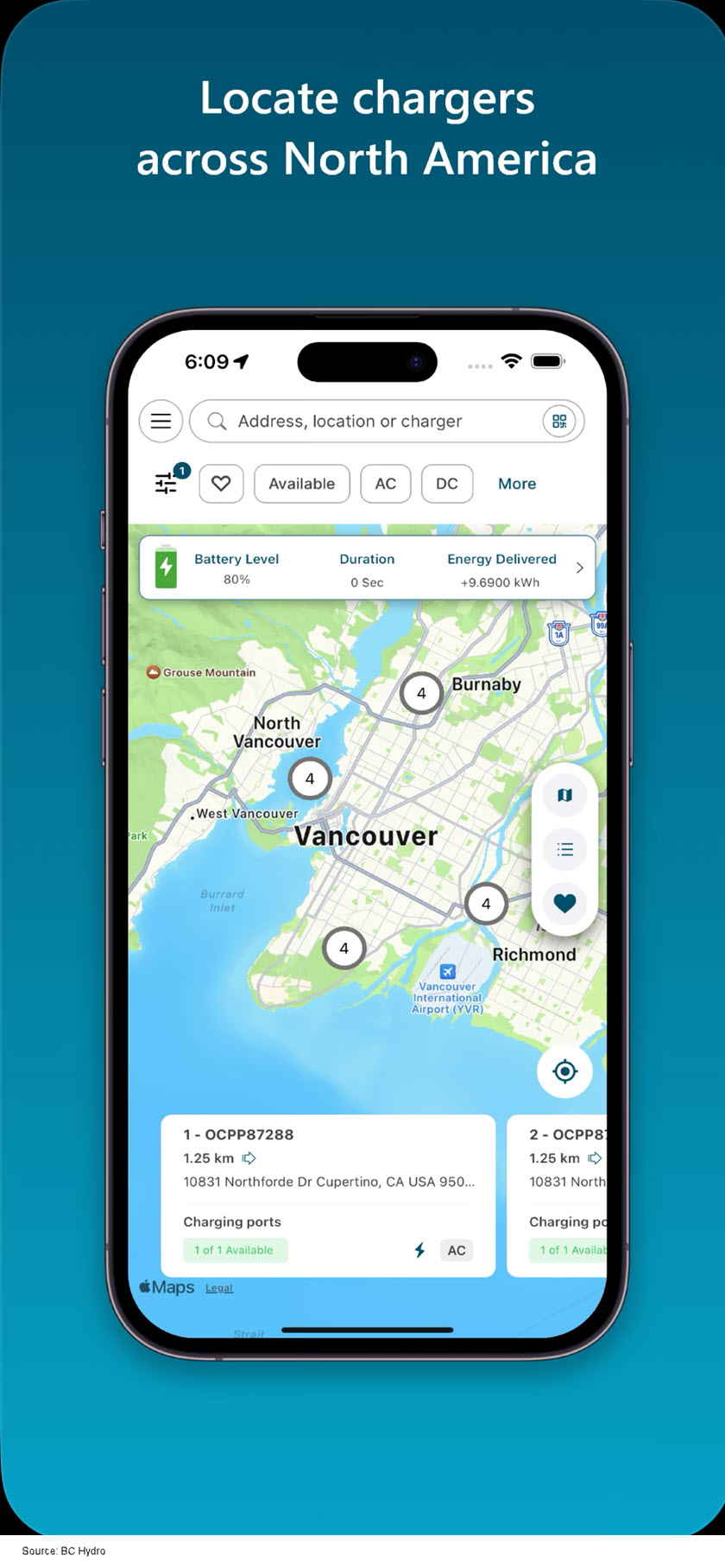 Screenshot of mobile app showing a map that customers can use to find an available charger.