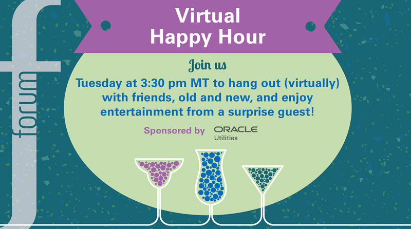 Promo image for the happy hour on October 6 at 3:30 pm mountain time, sponsored by Oracle Utiltiies