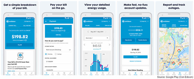 a series of 5 screenshots of what the various places on the Con Edison's mobile app look like, featuring a breakdown of a customer's bill, how to pay a bill on the go, a detailed graph of energy usage, easy account updates, and a map showing outage reports.