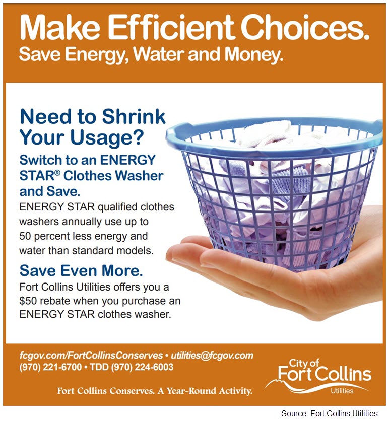 Screenshot of an ad reading 'Make Efficient Choices. Save Energy, Water and Money. Need to Shrink Your Usage? Switch to an Energy Star Clothes Washer and Save &hellip; Fort Collins Utilities offers you a $50 rebate when you purchase and Energy Star clothes washer.