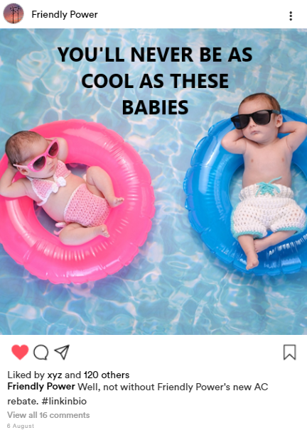 Meme for air-conditioning rebates Babies floating on rafts in a pool feeling assured that they are not wasting energy cooling their homes