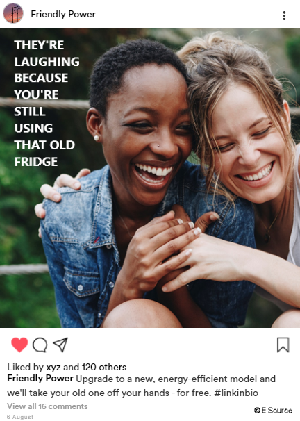 Meme for appliance replacement Two women laughing because they encouraged each other to replace their refrigerators