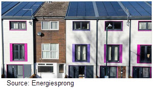 A home awaiting upgrades sits among completed neighboring properties in the Netherlands