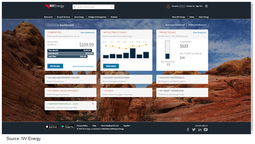 Screenshot of NV Energy's energy use dashboard shoing projected bill and energy usage.