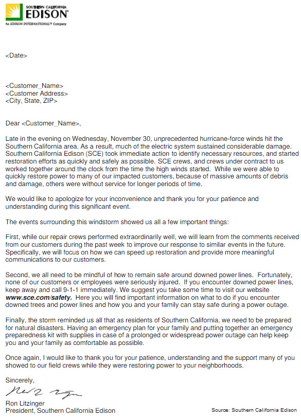 SCE apology letter explaining damage during windstorms. Visit https://www.sce.com/ for details.