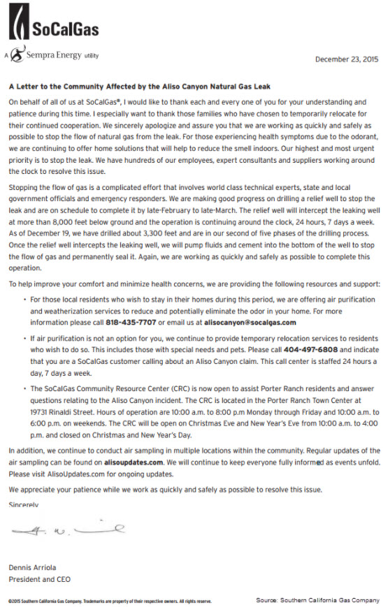 SoCalGas apology letter explaining Aliso Canyon natural gas leak. Visit https://www.socalgas.com/ for details.